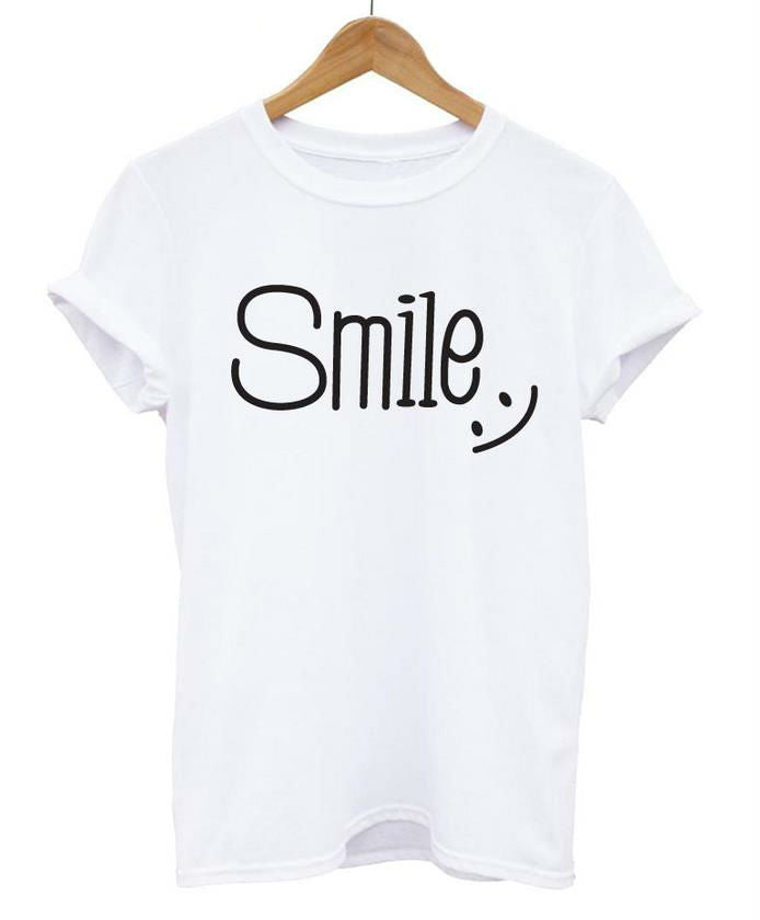 Tshirt Smile Print Cotton Casual Funny Shirt For Lady White Black Top