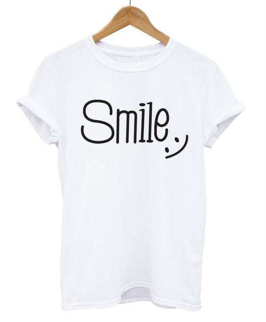 Tshirt Smile Print Cotton Casual Funny Shirt For Lady White Black Top