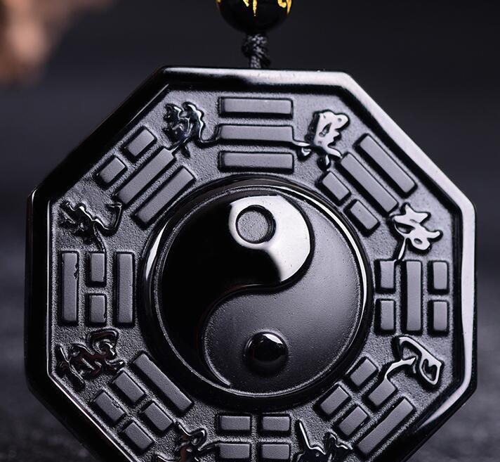 100% Natural Black Obsidian Carved Chinese Faced BaGua Lucky Amulet Pendant