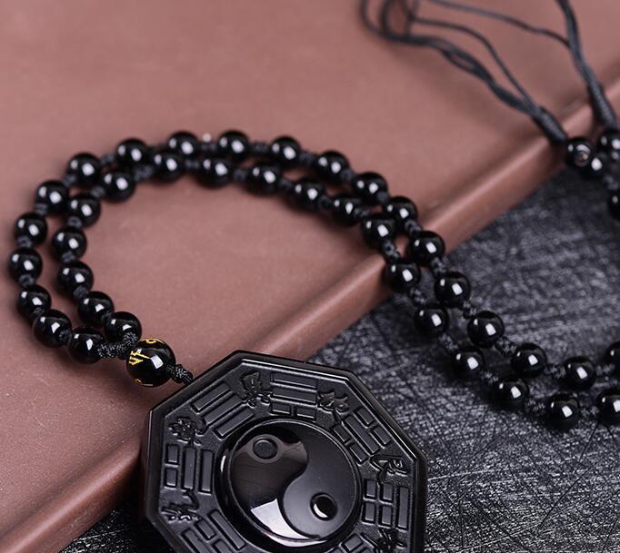 100% Natural Black Obsidian Carved Chinese Faced BaGua Lucky Amulet Pendant
