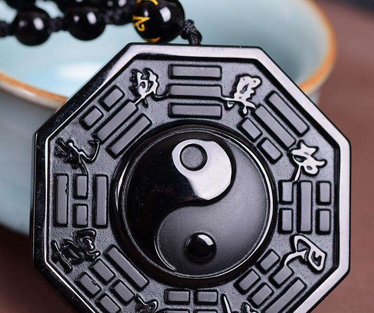 100% Natural Black Obsidian Carved Chinese Faced BaGua Lucky Amulet Pendant