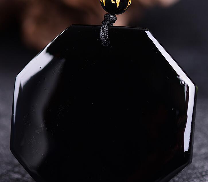 100% Natural Black Obsidian Carved Chinese Faced BaGua Lucky Amulet Pendant