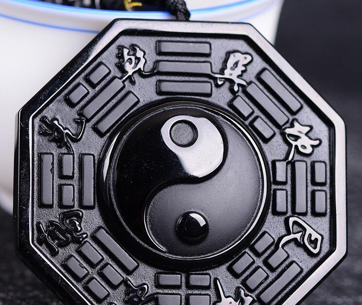 100% Natural Black Obsidian Carved Chinese Faced BaGua Lucky Amulet Pendant