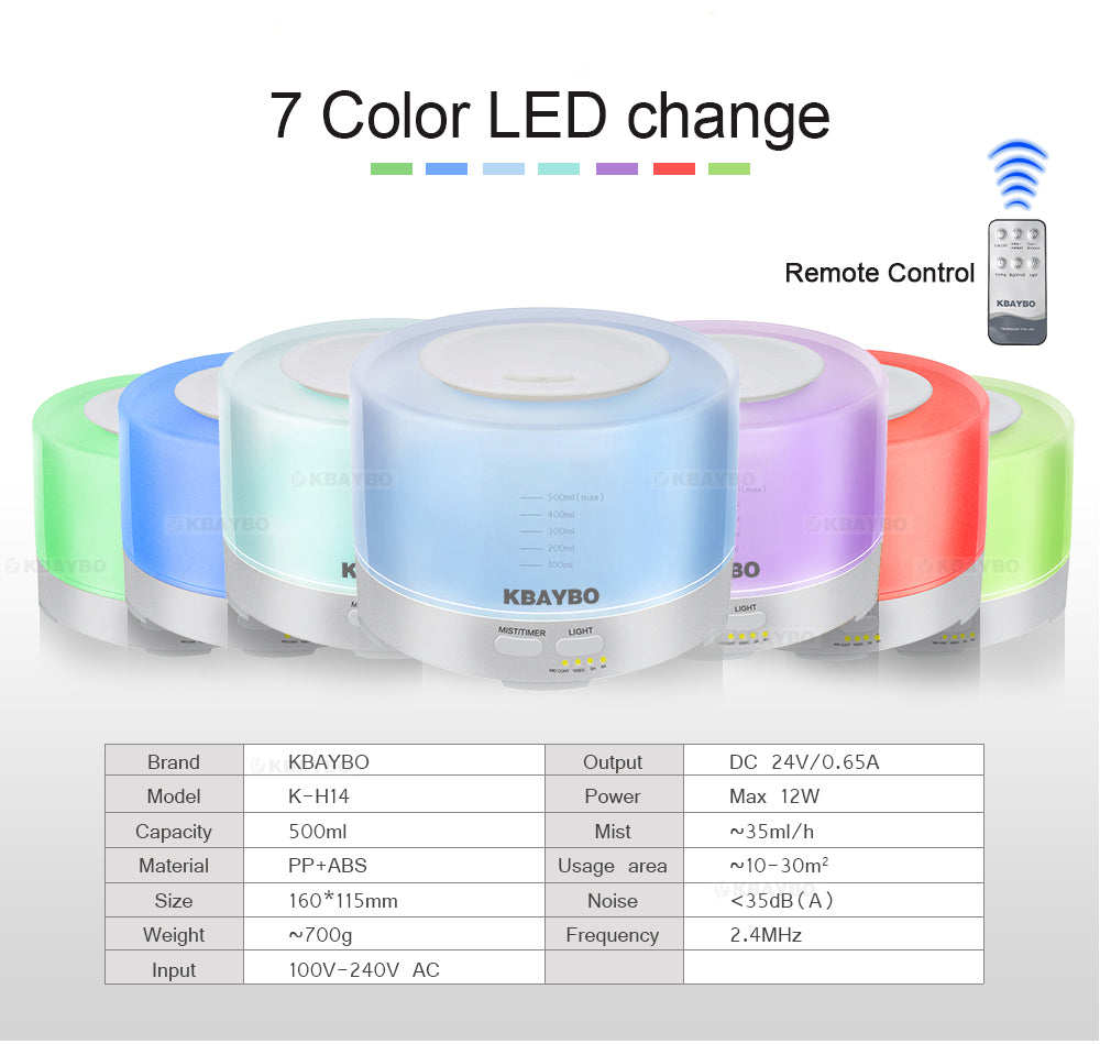 500ml Remote Control Ultrasonic Air Aroma Humidifier With 7 Color Diffuser