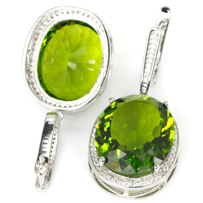 Big Gems Oval  22x18mm Green Peridot, White CZ Woman's Engagement 925 Silver Earrings 40x20mm