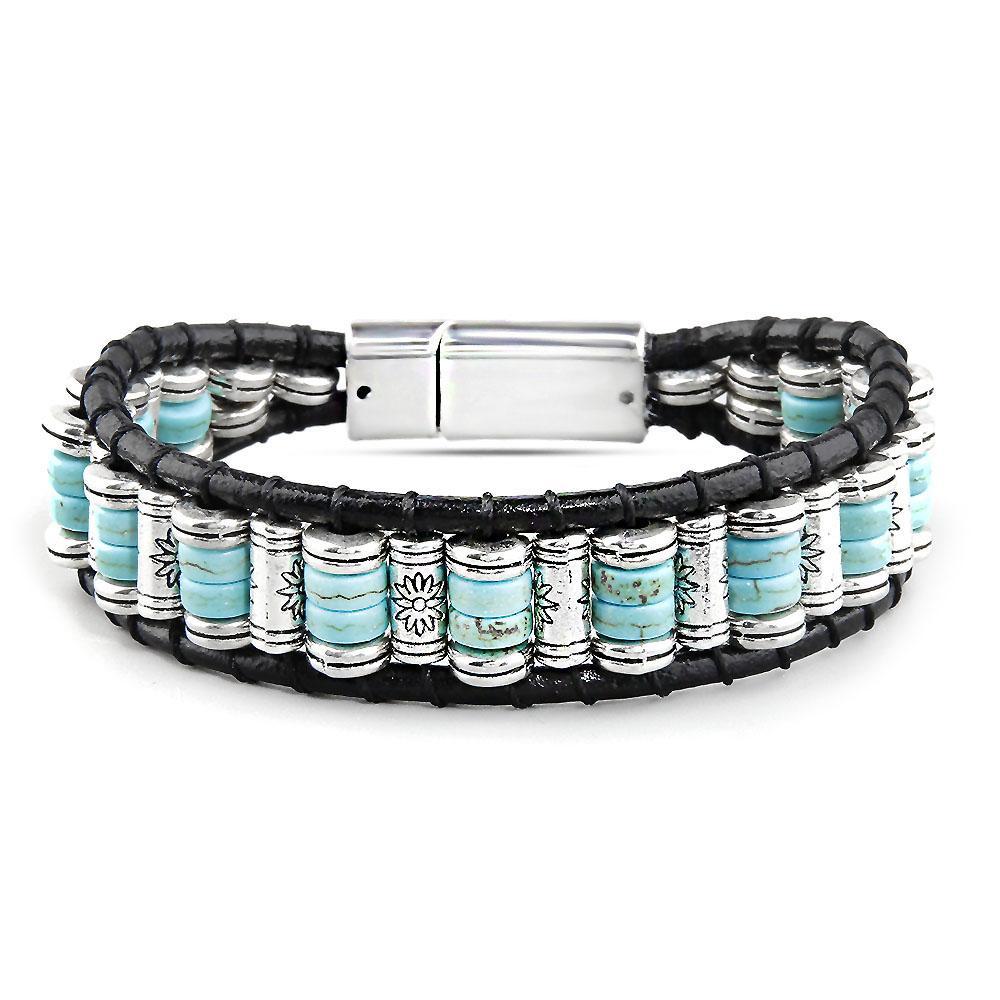 Men Women Bracelet Turquoises Stone Beads Leather Beaded