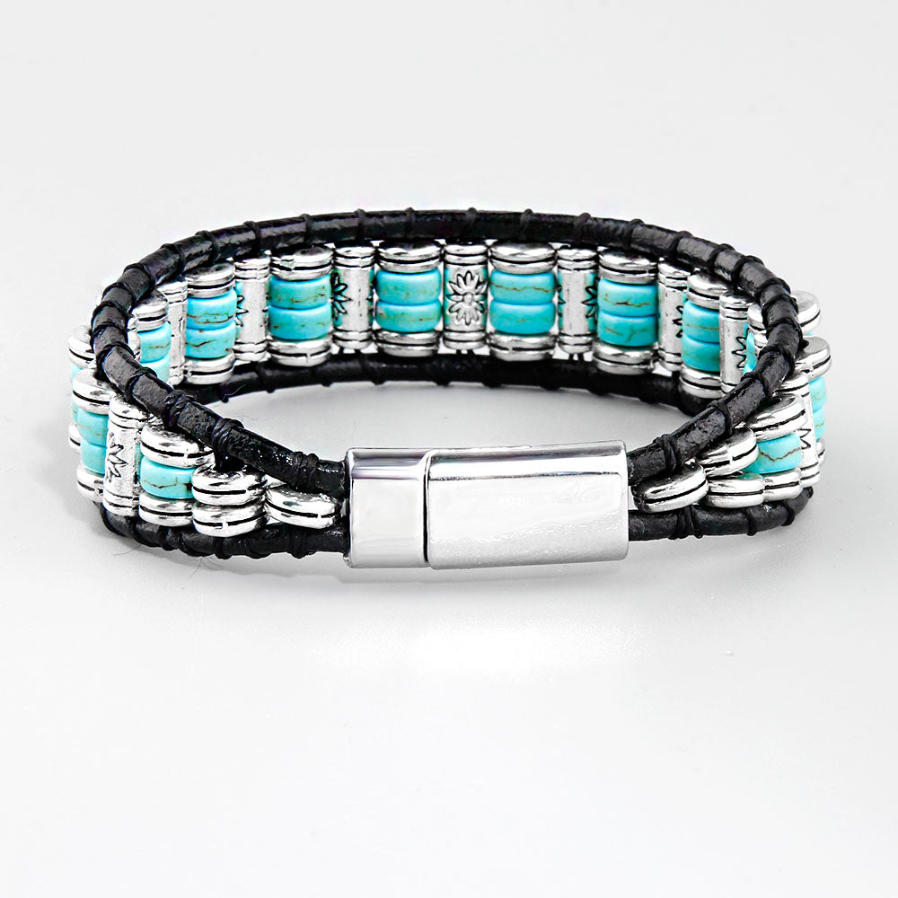 Men Women Bracelet Turquoises Stone Beads Leather Beaded