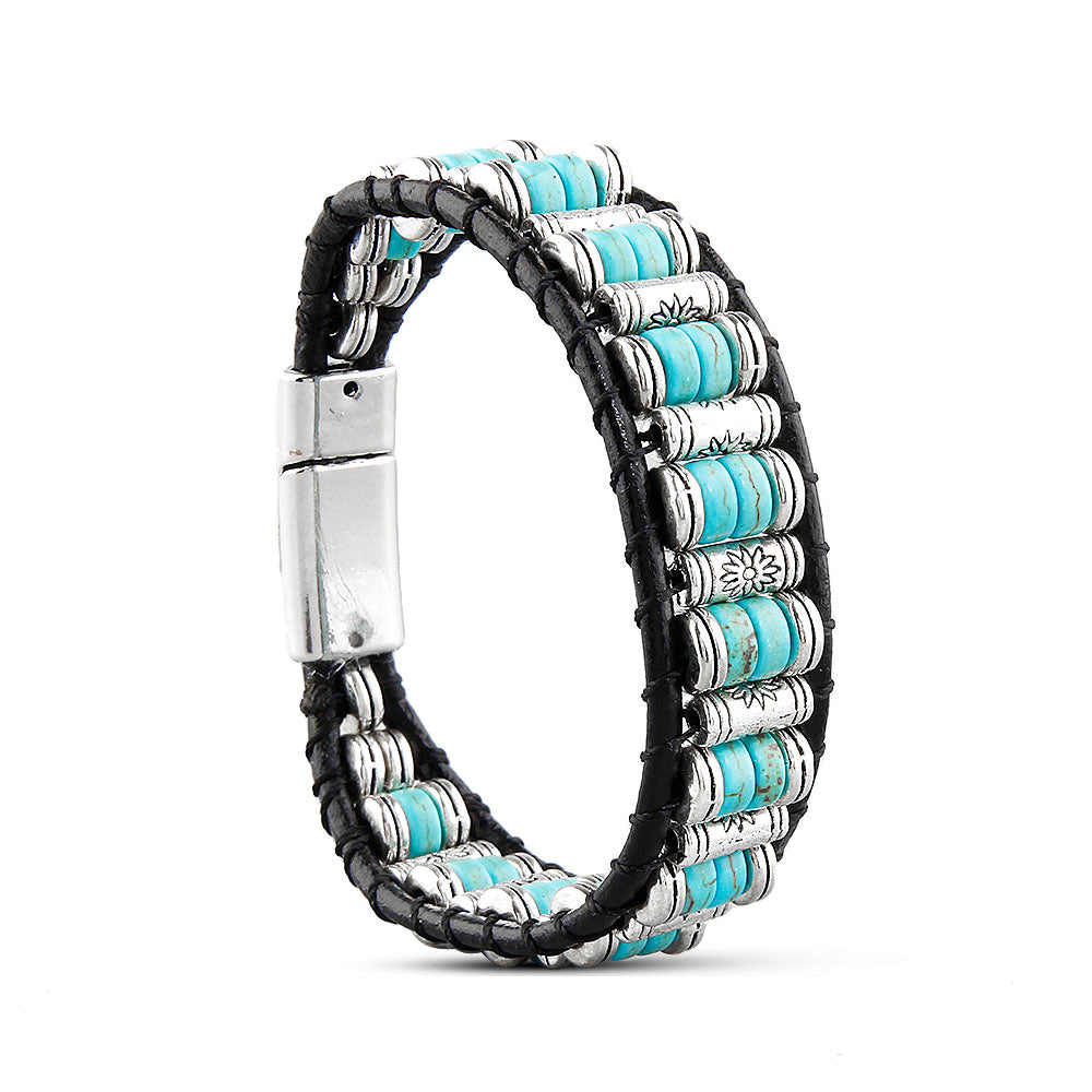 Men Women Bracelet Turquoises Stone Beads Leather Beaded