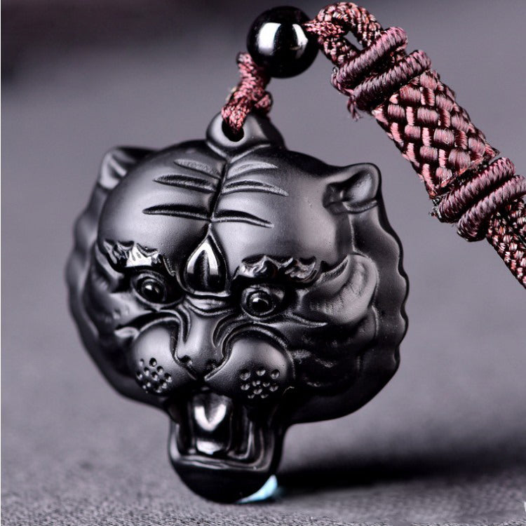 High Quality Unique Natural Black Obsidian hand Carved Tiger head Lucky Amulet Pendant