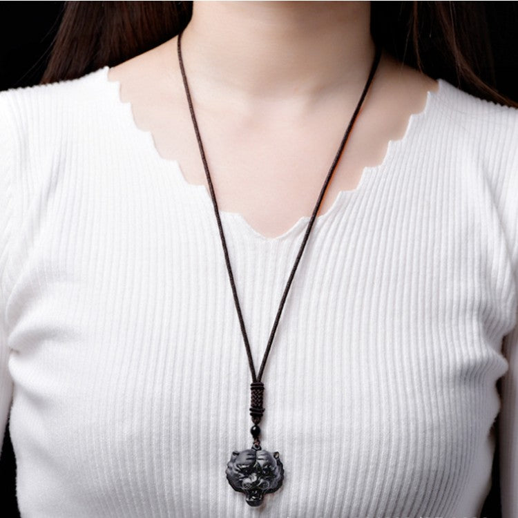 High Quality Unique Natural Black Obsidian hand Carved Tiger head Lucky Amulet Pendant