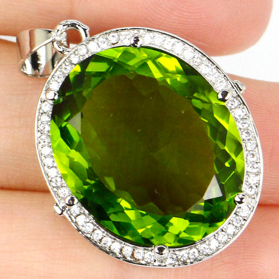 Big Gem 22x18mm Oval Green Peridot White CZ Engagement Silver Pendant 30x22mm