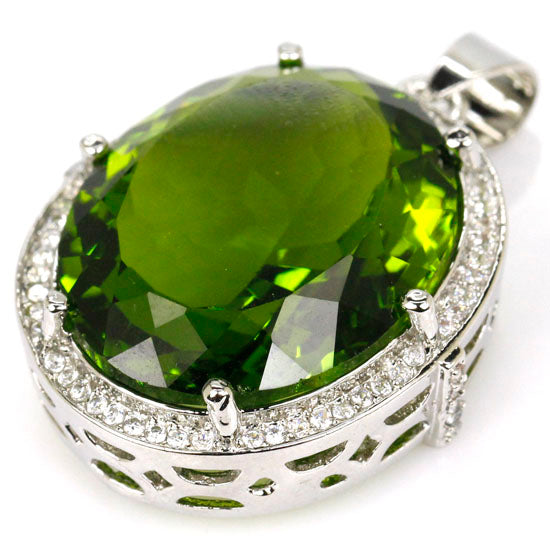 Big Gem 22x18mm Oval Green Peridot White CZ Engagement Silver Pendant 30x22mm