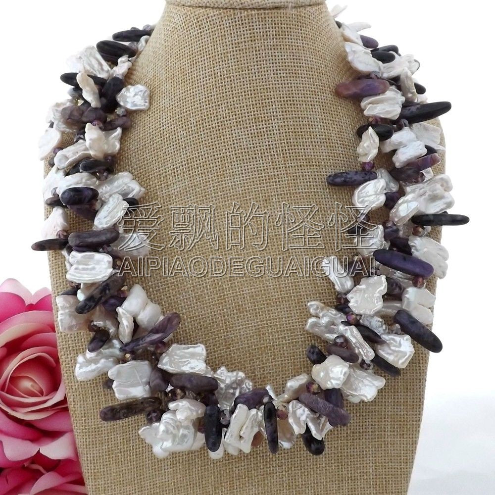 White Biwa Pearl Charoite Crystal Necklace