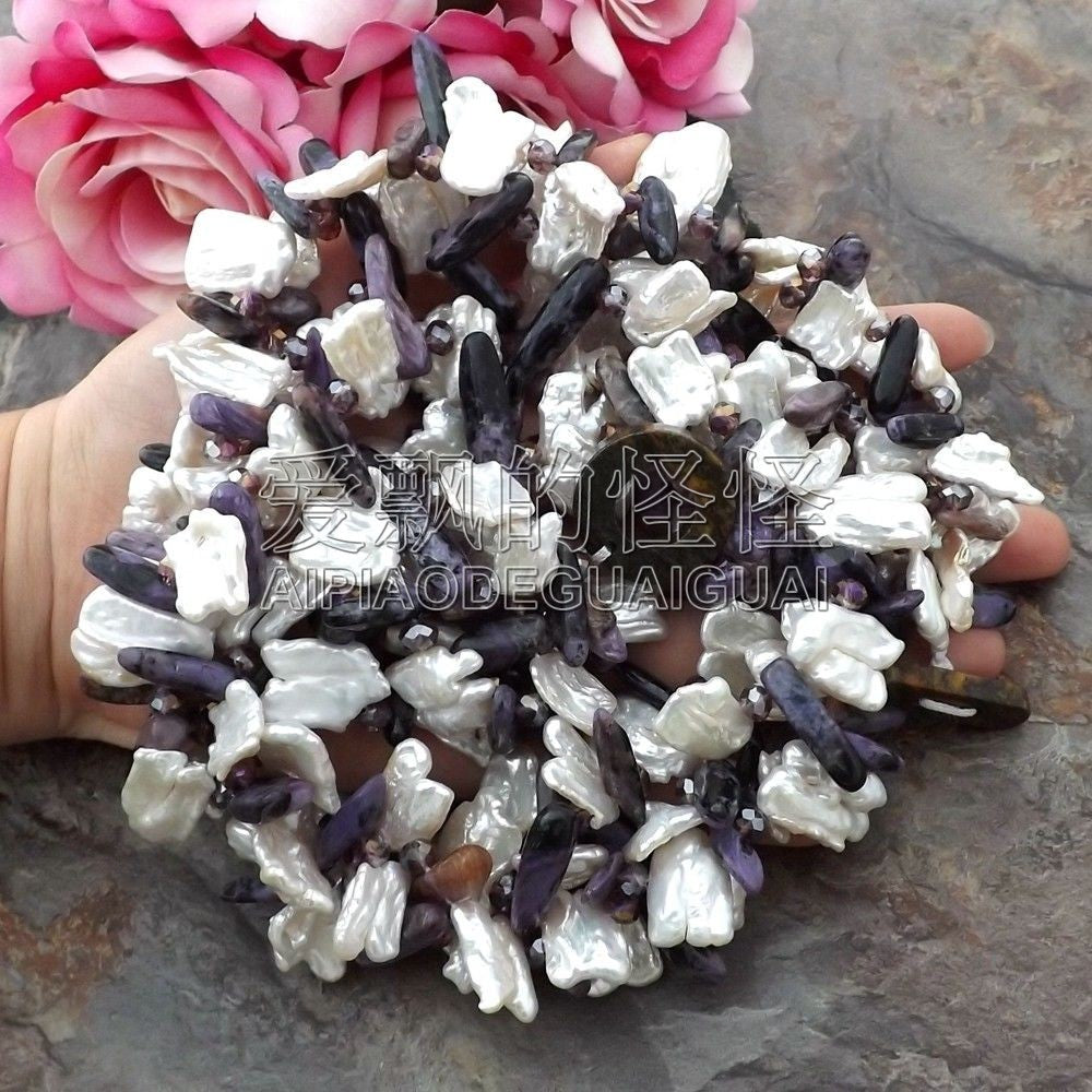 White Biwa Pearl Charoite Crystal Necklace