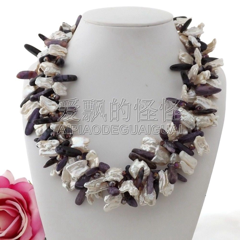 White Biwa Pearl Charoite Crystal Necklace