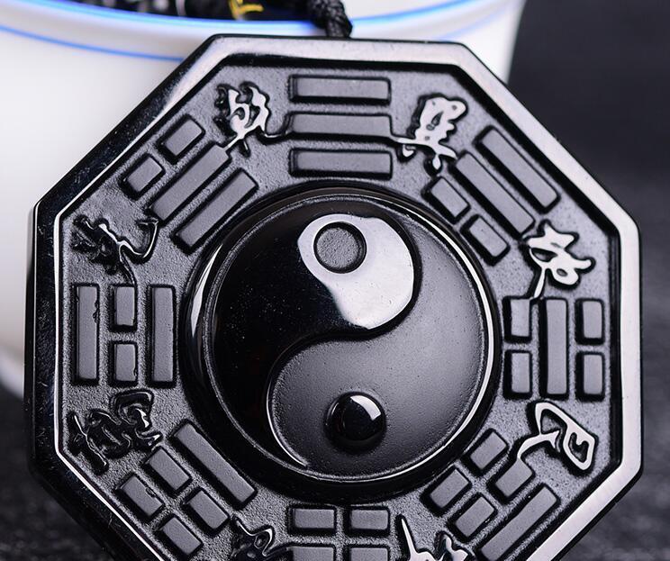 100% Natural Black Obsidian Carved Chinese Faced BaGua Lucky Amulet Pendant