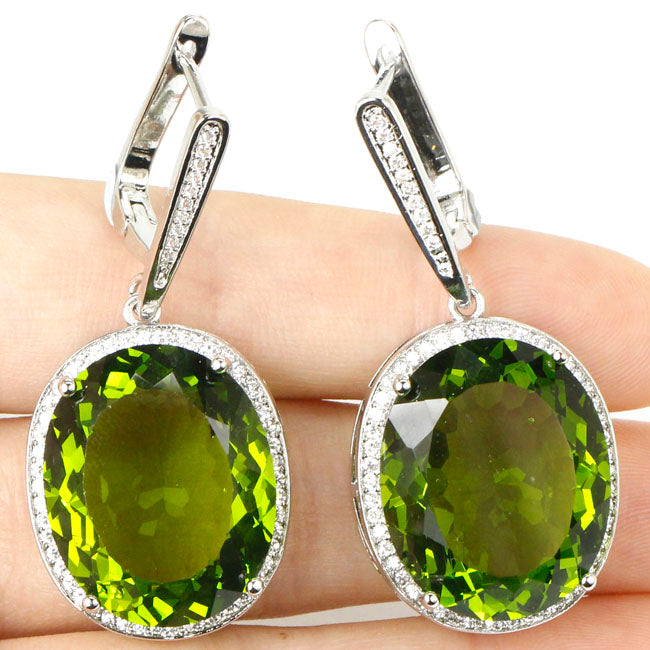 Big Gems Oval  22x18mm Green Peridot, White CZ Woman's Engagement 925 Silver Earrings 40x20mm