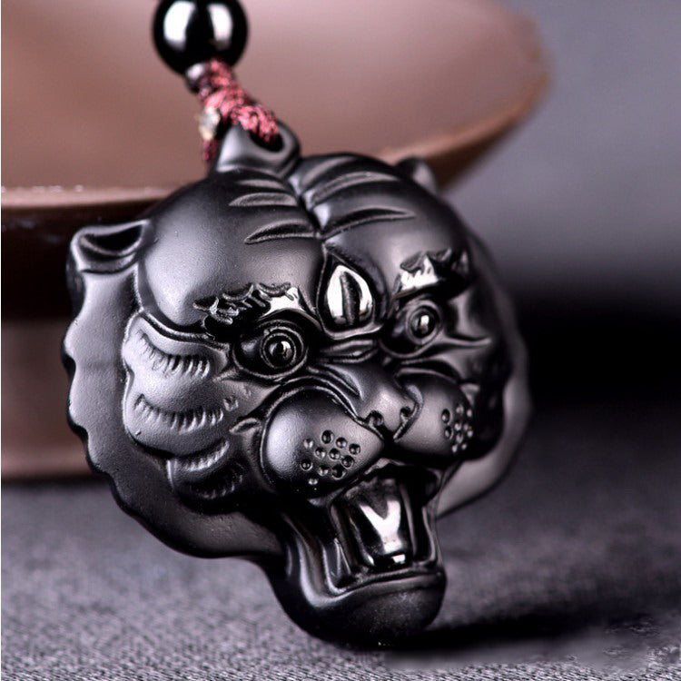High Quality Unique Natural Black Obsidian hand Carved Tiger head Lucky Amulet Pendant