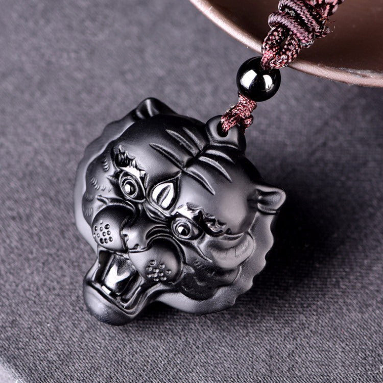 High Quality Unique Natural Black Obsidian hand Carved Tiger head Lucky Amulet Pendant