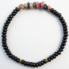 Black Stone Rondelle Beads Stretchy Bracelet