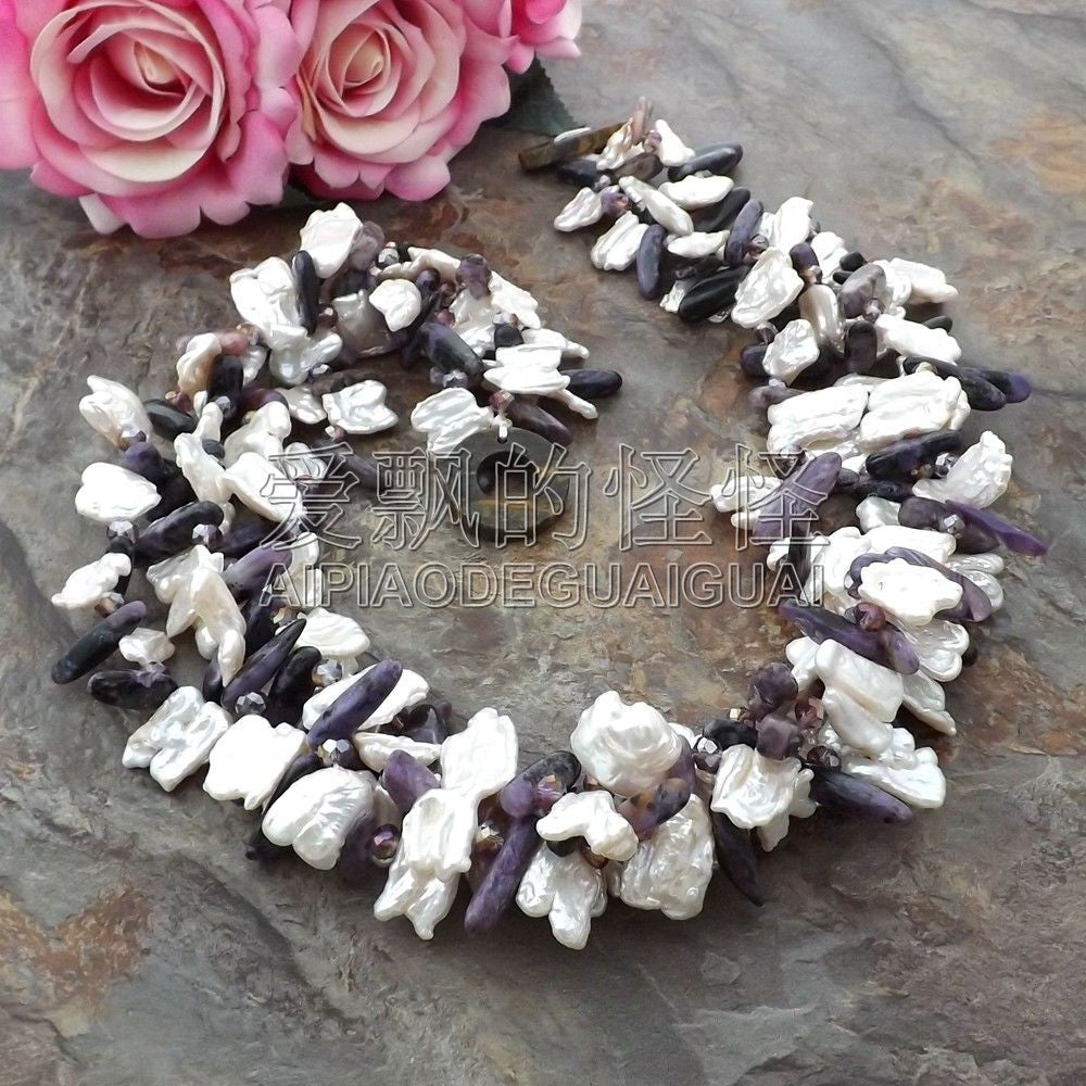 White Biwa Pearl Charoite Crystal Necklace