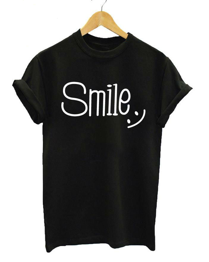 Tshirt Smile Print Cotton Casual Funny Shirt For Lady White Black Top